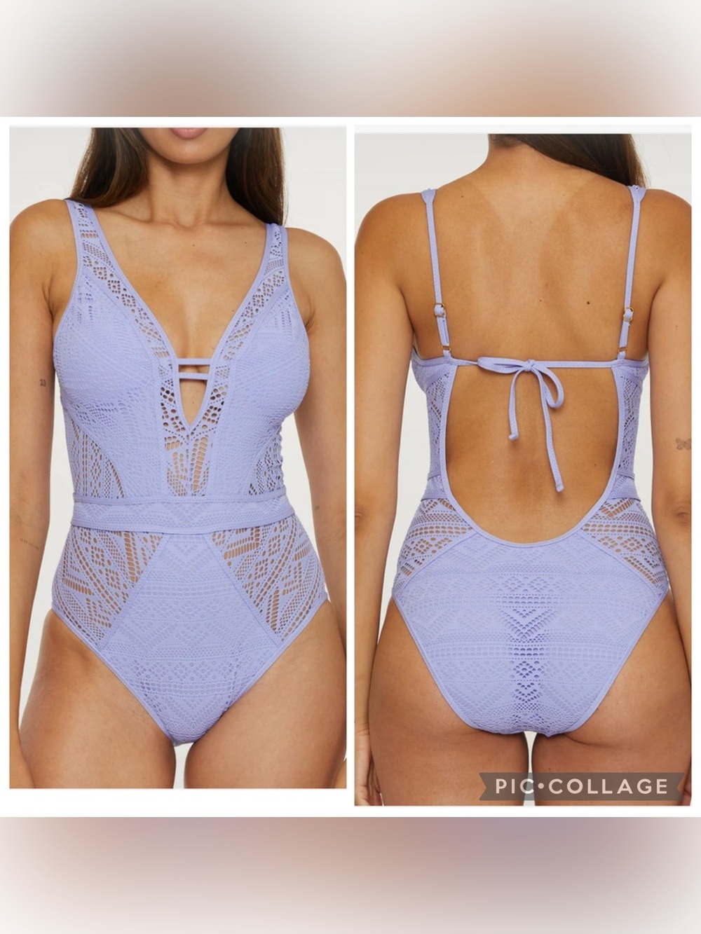 Becca Show & Tell Plunge One Piece Swimsuit Crochet Lavender Medium NWOT